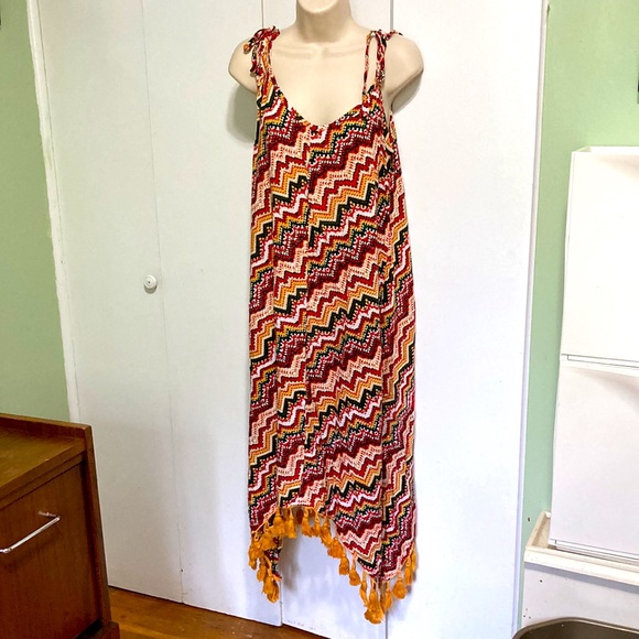 Tribal African Fringe Tassel Sun Maxi Coverup Dress Red Green Yellow Gold Medium - Picture 5 of 15